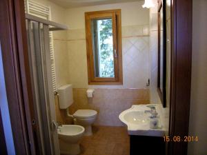 a bathroom with a toilet and a sink and a window at Castello San Romano in Baiso +27 photos