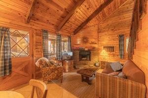 a living room with a couch and a fireplace in a log cabin at Forest Cabin 6 Enchanted Forest in Payson