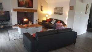 a living room with two couches and a tv at Bodrual cottage in Caernarfon