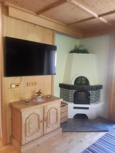 a living room with a flat screen tv and a fireplace at Ferienwohnung - Schmirnerhof in Brandberg