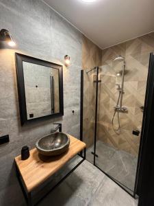 a bathroom with a sink and a shower at View & Spa Villa in Kluszkowce