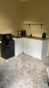 a kitchen with white cabinets and a black refrigerator at Vila Kost Apartman 2 in Libošovice