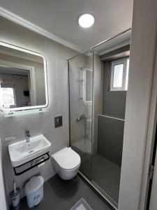 a bathroom with a shower and a toilet and a sink at Lefka Ori City Rooms in Chania