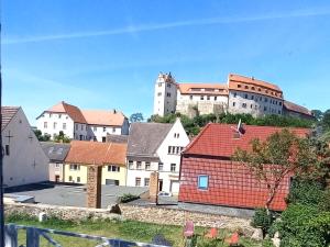 a group of buildings with a castle in the background at Ferienwohnung Wettin in Wettin