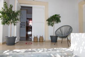 un couloir avec deux plantes en pot et une chaise dans l'établissement Irene Hotel Leros, à Alinda