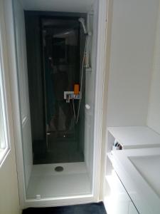 een douche met een glazen deur in de badkamer bij MOBIL HOME 3 Chambres Climatisé au CAMPING DES ISCLES in La Roque-dʼAnthéron