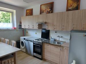 uma cozinha com um lavatório, um fogão e uma máquina de lavar louça em Ośrodek ANKAR em Pokrzywna