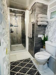 a bathroom with a toilet and a shower at Tropical Style House Near Newcastle City Centre in Newcastle upon Tyne