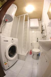 a bathroom with a washing machine and a toilet at Apartamenty Green Garden in Racibórz