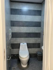 a bathroom with a white toilet and striped walls at Levent Beach Apartment in Sumqayıt