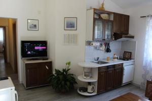 a kitchen with a sink and a tv on the wall at Apartment BenTen in Drvenik