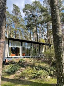 ein Haus im Wald mit einem großen Fenster in der Unterkunft NEUES Ferienhaus "Kolibri" direkt in Wandlitz, in Wandlitz