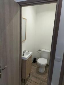 een badkamer met een wit toilet en een wastafel bij Maison plain pied 4 personnes parking gratuit in Vendeville