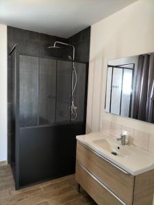 a bathroom with a shower and a sink and a shower at Maison plain pied 4 personnes parking gratuit in Vendeville