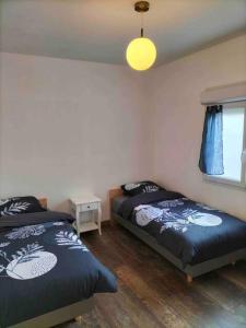 sypialnia z 2 łóżkami i oknem w obiekcie Maison plain pied 4 personnes parking gratuit w mieście Vendeville