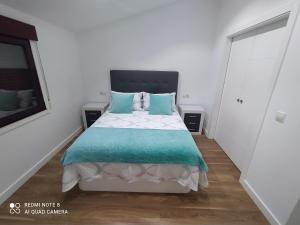 1 dormitorio con 1 cama grande con almohadas azules en Villa Lupita, en Sanxenxo
