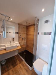 a bathroom with a shower and a toilet and a sink at Hôtel Vauban in Le Palais