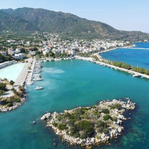 an aerial view of a bay with boats in the water at Stamatiou Dimitris in Methana