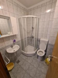 y baño con ducha, aseo y lavamanos. en Villa Ancora, en Neum