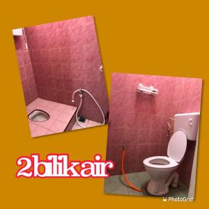 twee foto's van een badkamer met een toilet en een spiegel bij SERI LAZUARDI 6 (MUSLIM FRIENDLY) in Tanah Merah