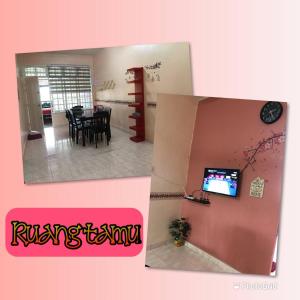 a kitchen and a dining room with a tv on a wall at SERI LAZUARDI 6 (MUSLIM FRIENDLY) in Tanah Merah