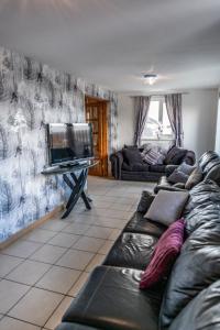 a living room with couches and a flat screen tv at Pantysgyfarnog near Carmarthenshire Pembrokeshire in Carmarthen