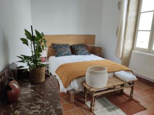 1 dormitorio con 1 cama y una maceta en Le rêve d'Alice, en Saint-Puy