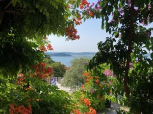 a view of the water from a garden with flowers at Apartments Furlan in Portorož