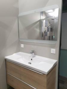 łazienka z białą umywalką i lustrem w obiekcie Les toits - Audun le Tiche - Appartement 3 chambres w mieście Audun-le-Tiche