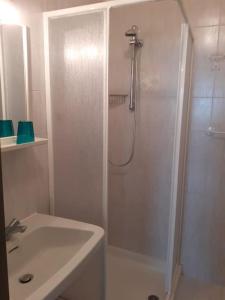 a white bathroom with a shower and a sink at Appartamenti Via Monte Braulio 19 in Bormio