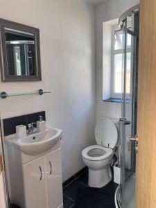 y baño con aseo y lavamanos. en Dingley Dell - Superb location for Truro in private accommodation en Perranwell