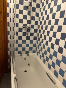 a bath tub in a bathroom with a checkered wall at Tan y Marian in Cwm-y-glo