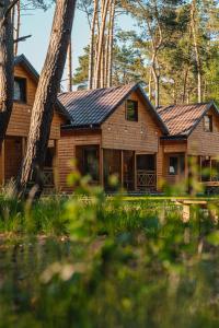 una cabaña de madera en medio de un bosque en Domki Sekwoja, en Dziwnów