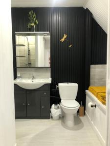 ein Badezimmer mit einem weißen WC und einem Waschbecken in der Unterkunft Grande Chambre Familiale JAUNE Tout Bonnement Bien in Putot-en-Auge