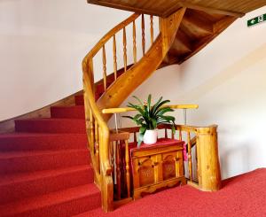 a staircase with red carpet and a plant on a table at Hotel Alpenhof*** in Kaltenbach
