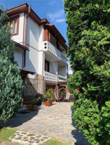 una casa grande con una pasarela de piedra delante de ella en Casa din livada, en Borşa
