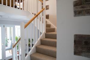 a staircase with white walls andbrown carpeted stairs at Tresithick Vean Bed and Breakfast in Truro