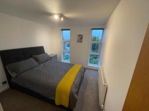 een slaapkamer met een bed en 2 ramen bij Spacious 2-Bedroom Flat Near Surbiton Station in Surbiton
