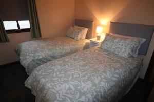 una habitación de hotel con 2 camas y una lámpara en Ground Floor 1 Bed Apartment with Twin/King option en Broughton in Furness