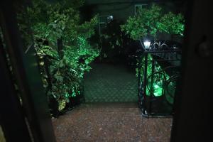 an entrance to a garden with a gate at night at Hotel Black Sea House in Batumi