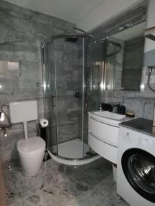 a bathroom with a shower and a toilet and a sink at DOM LORON in Poreč +27 photos