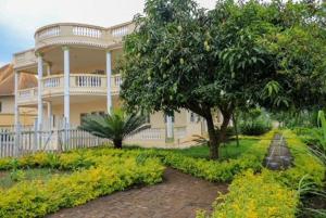 MANOIR DES PRINCESSES BAFOUSSAM في Bafoussam: منزل اصفر كبير امامه شجرة