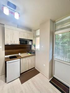 a kitchen with wooden cabinets and a sink and a window at Home in Varna City