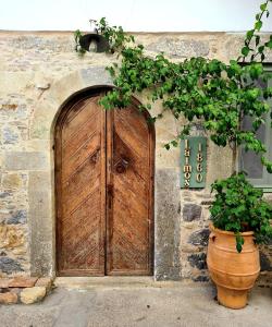 a wooden door in a stone building with a potted plant at Latmos 1860 in Skala