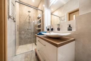 uma casa de banho com um lavatório e um chuveiro em Apartment BlueBird Katowice near Spodek MCK & City Center em Katowice