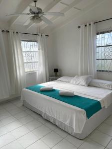 a white bedroom with a large bed with a ceiling fan at Home2Home Guesthouse in Christ Church
