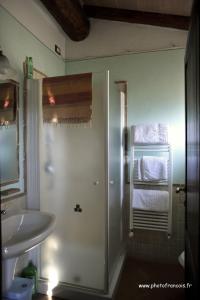 モンテプルチャーノにあるAgriturismo Il Sassoの白いバスルーム(シンク、シャワー付)