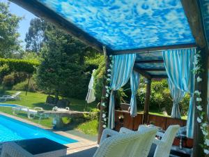 a view of a swimming pool from a house with blue umbrellas at Turismo Homes Quinta Leiras de Mondim in Pico