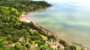 z powietrza widok na plażę nad oceanem w obiekcie Cabaña Ara Macao Lodge w mieście Bahía Drake