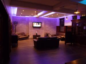 キングストン・アポン・テムズにあるザ ブル アンド ブッシュ ホテル キングストンの紫色の照明とソファ付きのリビングルーム